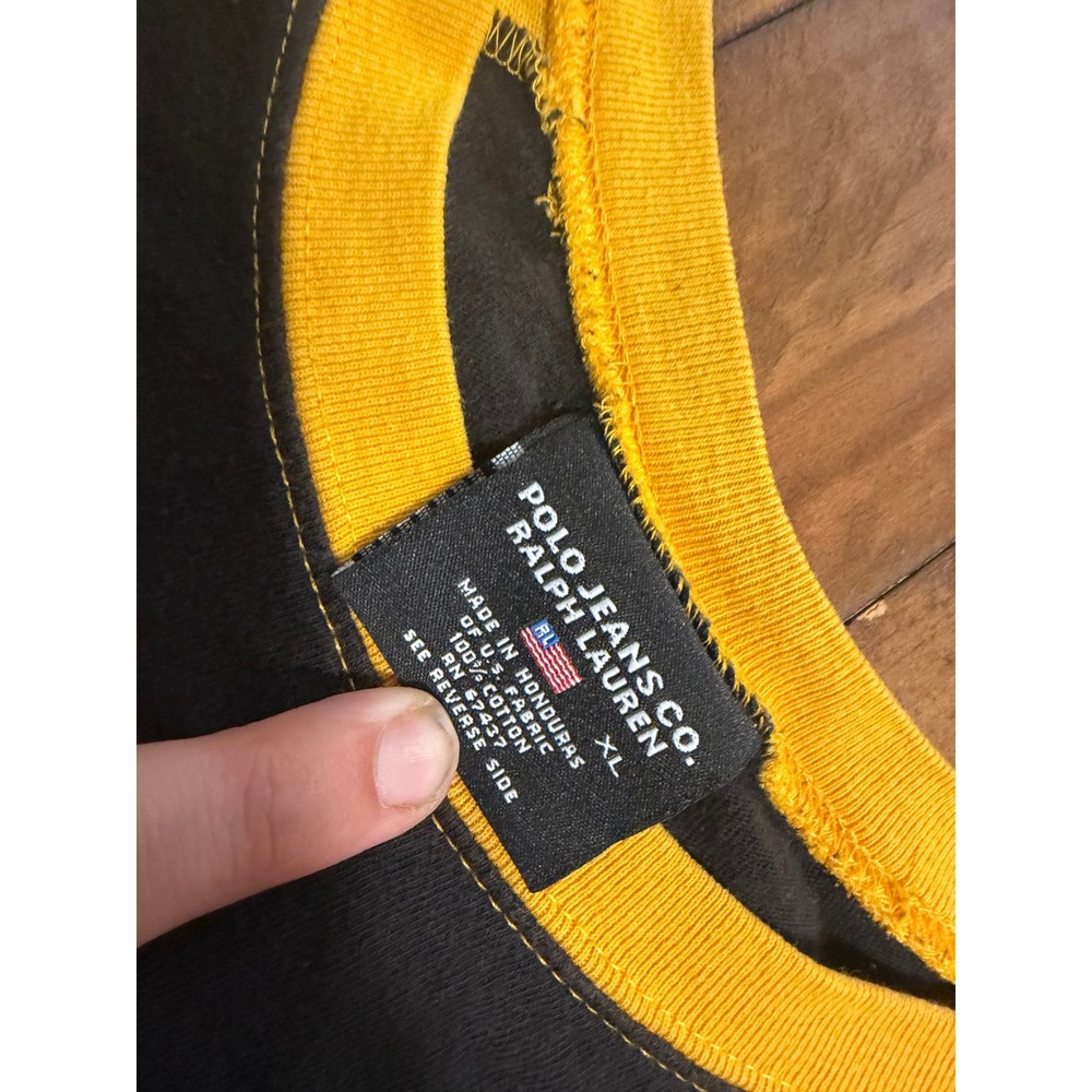 Vintage Polo Jeans Co Ralph Lauren Raglan Shirt Men XL Navy Yellow Crest Graphic - Picture 6 of 8